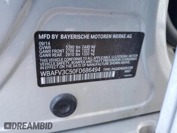 2015 BMW 5 Series 535d xDrive with VIN WBAFV3C50FD686494, listed as a Copart auction lot 45601615 with 128,181 mi miles and Salvage title. Bid and sale history available at DreamBid. Image 13.
