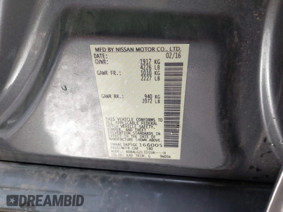 2016 Nissan Altima SV with VIN 1N4AL3AP5GC166005, listed as a IAAI auction lot 41795548 with 111,942 mi miles and . Bid and sale history available at DreamBid. Image 9.