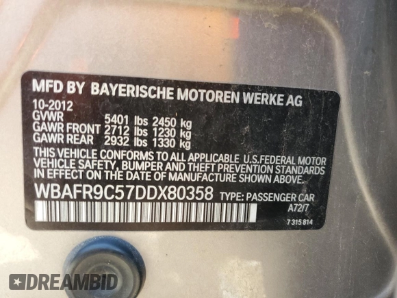 2013 BMW 5 Series 550i with VIN WBAFR9C57DDX80358, listed as a Copart auction lot 71498244 with 120,132 mi miles and Clean Title. Bid and sale history available at DreamBid. Image 12.
