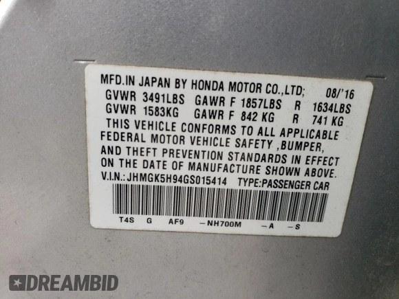 2016 Honda Fit EX-L with VIN JHMGK5H94GS015414, listed as a Copart auction lot 42038725 with 6,728 mi miles and Salvage title. Bid and sale history available at DreamBid. Image 16.