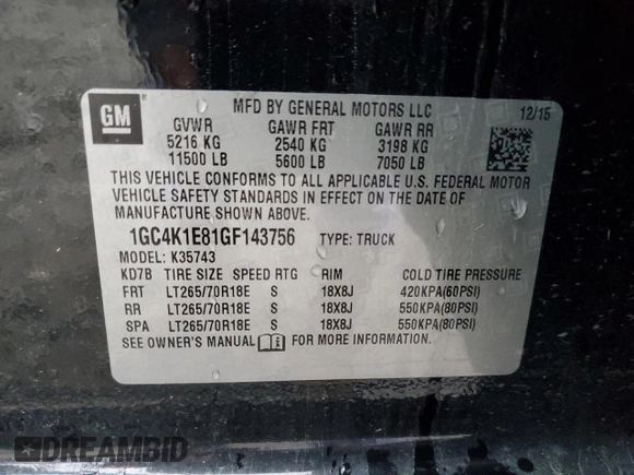 2016 Chevrolet Silverado 3500HD High Country with VIN 1GC4K1E81GF143756, listed as a Copart auction lot 83951974 with 107,319 mi miles and Salvage Title. Bid and sale history available at carsss.com. Image 12.