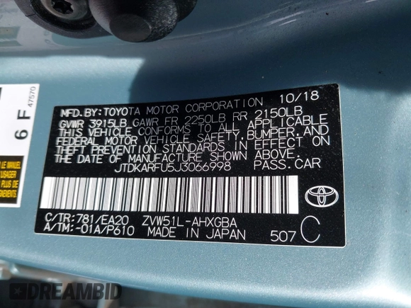 2018 Toyota Prius Two with VIN JTDKARFU5J3066998, listed as a IAAI auction lot 41405382 with 92,377 mi miles. Bid and sale history available at carsss.com. Image 9.