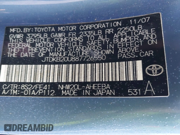 2008 Toyota Prius with VIN JTDKB20U887726550, listed as a IAAI auction lot 41211390 with 205,848 mi miles. Bid and sale history available at carsss.com. Image 9.