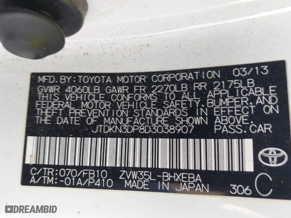 2013 Toyota Prius Plug-In with VIN JTDKN3DP8D3038907, listed as a IAAI auction lot 41360784 with 148,252 mi miles. Bid and sale history available at carsss.com. Image 9.
