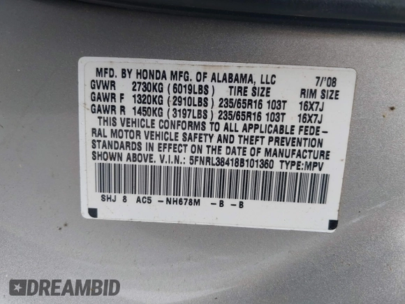 2008 Honda Odyssey EX with VIN 5FNRL38418B101360, listed as a IAAI auction lot 41862629 with 235,653 mi miles. Bid and sale history available at carsss.com. Image 9.