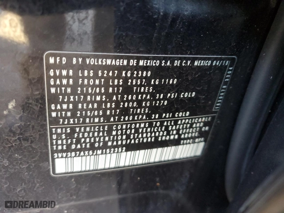 2018 Volkswagen Tiguan SEL with VIN 3VV3B7AX5JM152352, listed as a Copart auction lot 46411295 with 75,462 mi miles and Salvage Title. Bid and sale history available at carsss.com. Image 13.