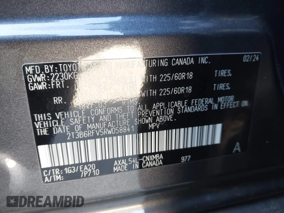 2024 Toyota RAV4 Hybrid XLE Premium with VIN 2T3B6RFV5RW058841, listed as a IAAI auction lot 41992425 with 22,073 mi miles and . Bid and sale history available at DreamBid. Image 9.