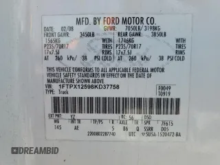 2008 Ford F-150 XL with VIN 1FTPX12598KD37758, listed as a Copart auction lot 62868375 with 307,603 mi miles and Clean title. Bid and sale history available at DreamBid. Image 12.