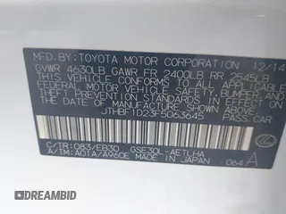2015 Lexus IS 250 with VIN JTHBF1D23F5063645, listed as a IAAI auction lot 42032522 with 265,020 mi miles and . Bid and sale history available at carsss.com. Image 9.