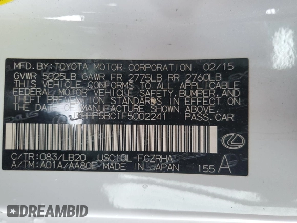 2015 Lexus RC F z VIN JTHHP5BC1F5002241, wystawiony jako Copart lot #55153915 z przebiegiem 106 196 mil mil oraz Szkoda całkowita • Salvage title. Historia ofert i sprzedaży dostępna na DreamBid. Obrazek 12.