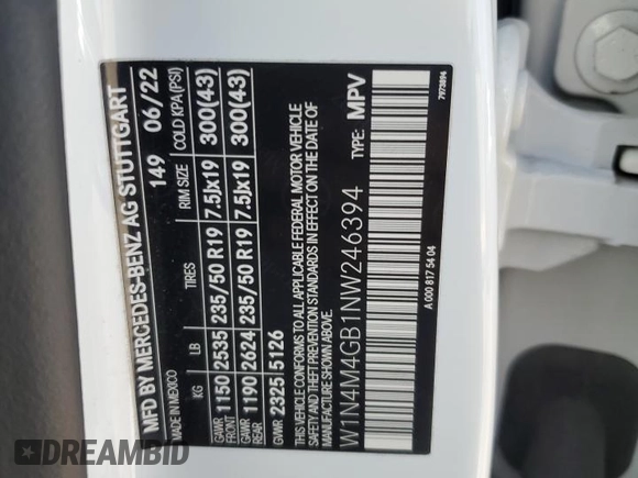 2022 Mercedes-Benz GLB 250 с VIN W1N4M4GB1NW246394, выставлен на аукционе Copart как лот 51965515 с пробегом 29 539 миль миль и Списание • Salvage title. История ставок и продаж доступна на DreamBid. Изображение 14.