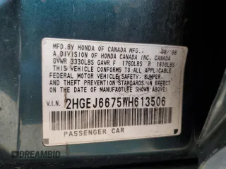 1998 Honda Civic LX with VIN 2HGEJ6675WH613506, listed as a Copart auction lot 54968535 with 196,756 mi miles and Salvage Title. Bid and sale history available at DreamBid. Image 12.