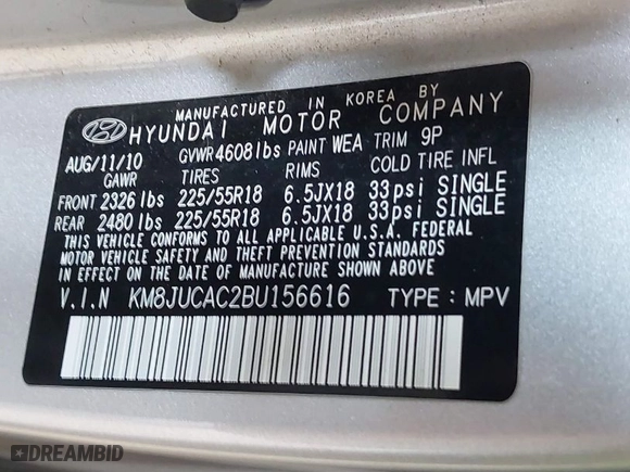 2011 Hyundai Tucson Limited with VIN KM8JUCAC2BU156616, listed as a IAAI auction lot 41788854 with 193,978 mi miles. Bid and sale history available at carsss.com. Image 9.