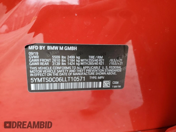 2020 BMW X3 M Competition with VIN 5YMTS0C06LLT10571, listed as a Copart auction lot 78605404 with 0 mi miles and Salvage Title. Bid and sale history available at carsss.com. Image 15.