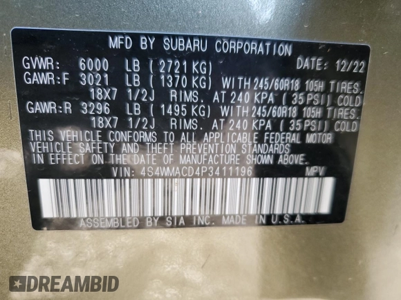 2023 Subaru Ascent Premium z VIN 4S4WMACD4P3411196, wystawiony jako Copart lot #45936035 z przebiegiem 39 609 mil mil oraz Szkoda całkowita • Salvage title. Historia ofert i sprzedaży dostępna na DreamBid. Obrazek 15.