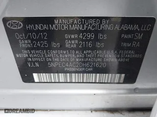 2013 Hyundai Sonata SE with VIN 5NPEC4AC2DH621620, listed as a IAAI auction lot 41803289 with 1 mi miles. Bid and sale history available at carsss.com. Image 9.