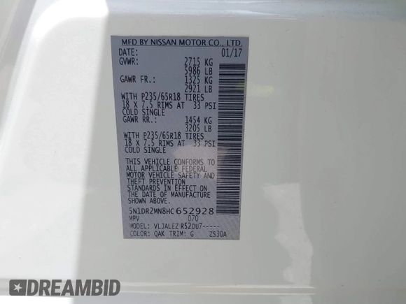 2017 Nissan Pathfinder SL with VIN 5N1DR2MN8HC652928, listed as a IAAI auction lot 42627483 with 169,108 mi miles and . Bid and sale history available at DreamBid. Image 9.