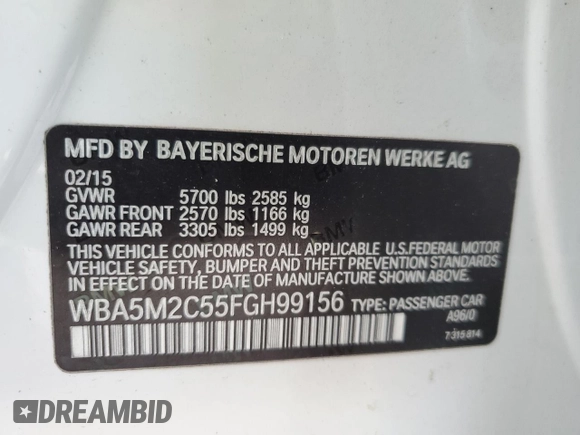 2015 BMW 5 Series 535i Gran Turismo with VIN WBA5M2C55FGH99156, listed as a Copart auction lot 88298775 with 154,050 mi miles and Salvage title. Bid and sale history available at DreamBid. Image 13.