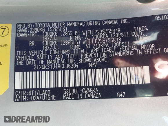 2008 Lexus RX 350 with VIN 2T2GK31U48C036394, listed as a IAAI auction lot 41630066 with 225,793 mi miles and . Bid and sale history available at DreamBid. Image 9.