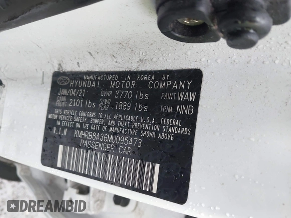 2021 Hyundai Venue SE with VIN KMHRB8A36MU095473, listed as a IAAI auction lot 41860886 with 189,585 mi miles and . Bid and sale history available at DreamBid. Image 9.