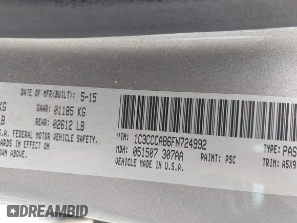 2015 Chrysler 200 Limited with VIN 1C3CCCAB6FN724992, listed as a IAAI auction lot 42051813 with 280,060 mi miles. Bid and sale history available at carsss.com. Image 9.