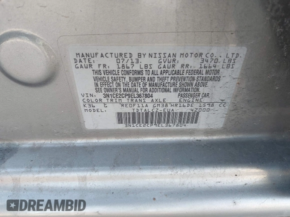 2014 Nissan Note SV with VIN 3N1CE2CP9EL367804, listed as a IAAI auction lot 41553475 with 85,226 mi miles and . Bid and sale history available at DreamBid. Image 9.