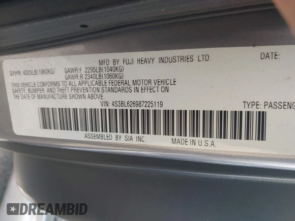 2008 Subaru Legacy Limited с VIN 4S3BL626987225119, выставлен на аукционе IAAI как лот 42632153 с пробегом 90 147 миль миль и . История ставок и продаж доступна на DreamBid. Изображение 9.