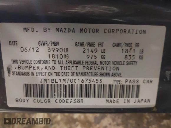 2012 Mazda 3 i Grand Touring with VIN JM1BL1M70C1675455, listed as a IAAI auction lot 41380445 with 70,941 mi miles and . Bid and sale history available at DreamBid. Image 9.