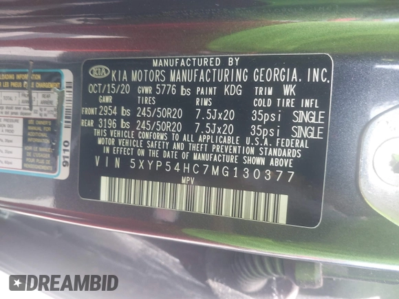 2021 Kia Telluride SX with VIN 5XYP54HC7MG130377, listed as a IAAI auction lot 42172684 with 32,186 mi miles and . Bid and sale history available at DreamBid. Image 9.