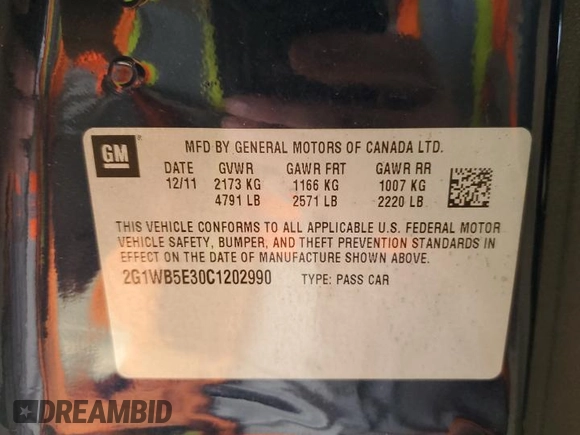 2012 Chevrolet Impala LT Retail with VIN 2G1WB5E30C1202990, listed as a Copart auction lot 55110425 with 28,455 mi miles and Salvage Title. Bid and sale history available at DreamBid. Image 12.