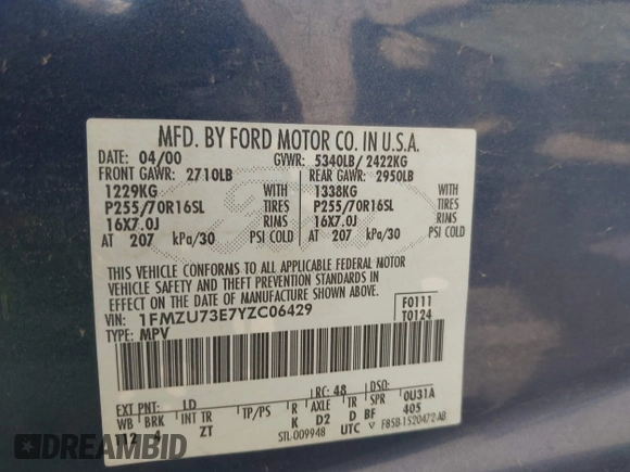 2000 Ford Explorer XLT с VIN 1FMZU73E7YZC06429, выставлен на аукционе IAAI как лот 42453497 с пробегом 15 567 миль миль и . История ставок и продаж доступна на DreamBid. Изображение 9.