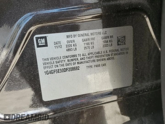 2013 Buick LaCrosse Premium 1 with VIN 1G4GF5E30DF208682, listed as a Copart auction lot 71568954 with 125,640 mi miles and Salvage Title. Bid and sale history available at carsss.com. Image 13.