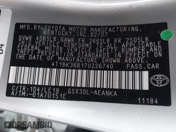 2007 Toyota Avalon XL with VIN 4T1BK36B17U226740, listed as a IAAI auction lot 41191802 with 173,314 mi miles and . Bid and sale history available at DreamBid. Image 9.