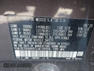 2020 Honda HR-V EX with VIN 3CZRU6H57LM736556, listed as a IAAI auction lot 41878490 with 61,253 mi miles. Bid and sale history available at carsss.com. Image 9.