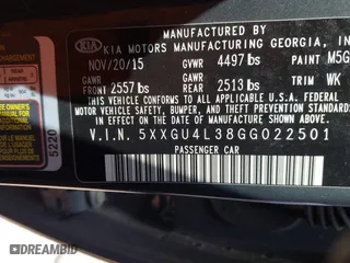 2016 Kia Optima EX with VIN 5XXGU4L38GG022501, listed as a IAAI auction lot 42071944 with 122,502 mi miles. Bid and sale history available at carsss.com. Image 9.