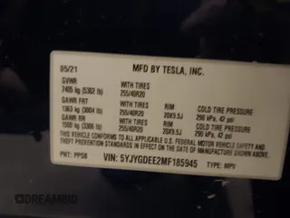 2021 Tesla Model Y Long Range with VIN 5YJYGDEE2MF185945, listed as a IAAI auction lot 41599029 with 53,815 mi miles and . Bid and sale history available at DreamBid. Image 9.