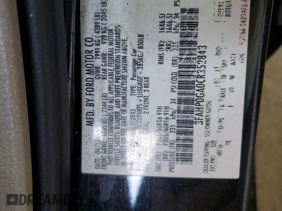 2012 Ford Fusion S with VIN 3FAHP0GA0CR352843, listed as a Copart auction lot 48533965 with 157,465 mi miles and Salvage Title. Bid and sale history available at carsss.com. Image 14.