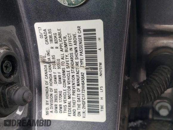 2017 Honda Civic Sedan EX-L with VIN 2HGFC1F72HH645642, listed as a Copart auction lot 46024185 with 108,582 mi miles and Salvage Title. Bid and sale history available at carsss.com. Image 14.