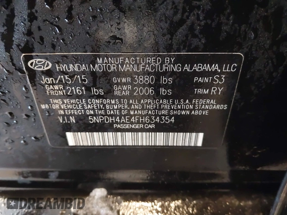 2015 Hyundai Elantra SE with VIN 5NPDH4AE4FH634354, listed as a IAAI auction lot 41596658 with 202,820 mi miles. Bid and sale history available at carsss.com. Image 9.