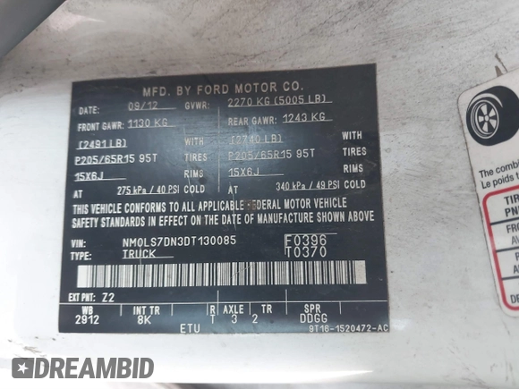 2013 Ford Transit Connect XLT with VIN NM0LS7DN3DT130085, listed as a IAAI auction lot 40972391 with Not provided miles and . Bid and sale history available at DreamBid. Image 9.