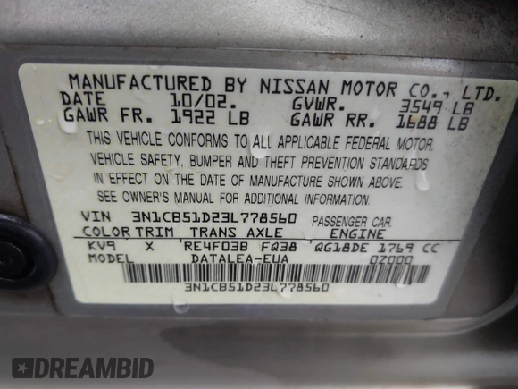 2003 Nissan Sentra XE with VIN 3N1CB51D23L778560, listed as a IAAI auction lot 42204306 with 239,405 mi miles and . Bid and sale history available at DreamBid. Image 9.