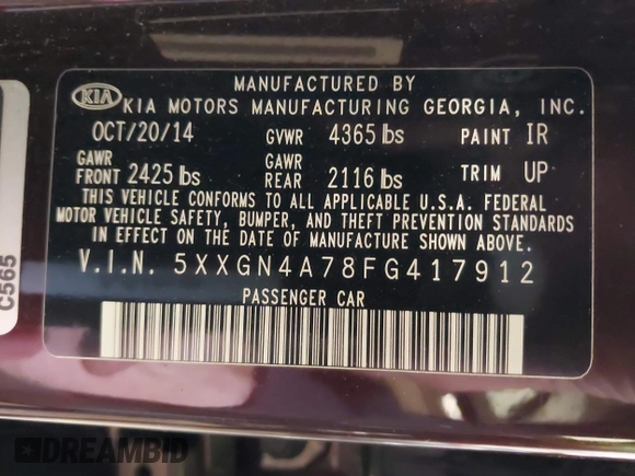 2015 Kia Optima EX with VIN 5XXGN4A78FG417912, listed as a IAAI auction lot 40565849 with 87,358 mi miles. Bid and sale history available at carsss.com. Image 9.