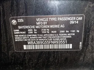 2015 BMW 3 Series 335i xDrive with VIN WBA3B9G55FNR93551, listed as a IAAI auction lot 40905863 with 95,000 mi miles and . Bid and sale history available at carsss.com. Image 9.