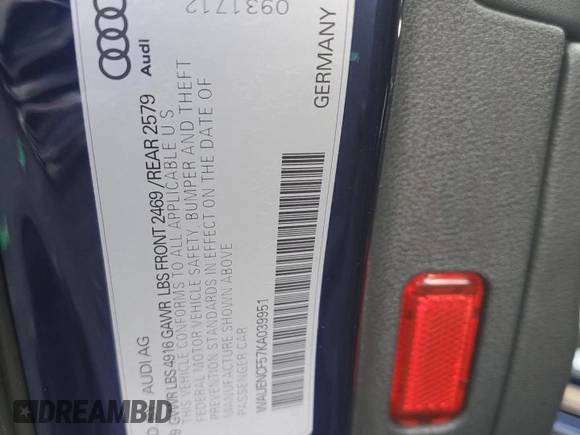 2019 Audi A5 Sportback Premium Plus with VIN WAUENCF57KA039951, listed as a Copart auction lot 80901513 with 43,242 mi miles. Bid and sale history available at carsss.com. Image 13.