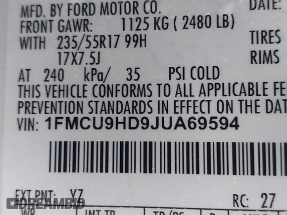 2018 Ford Escape SEL with VIN 1FMCU9HD9JUA69594, listed as a IAAI auction lot 41571208 with 124,193 mi miles. Bid and sale history available at carsss.com. Image 9.
