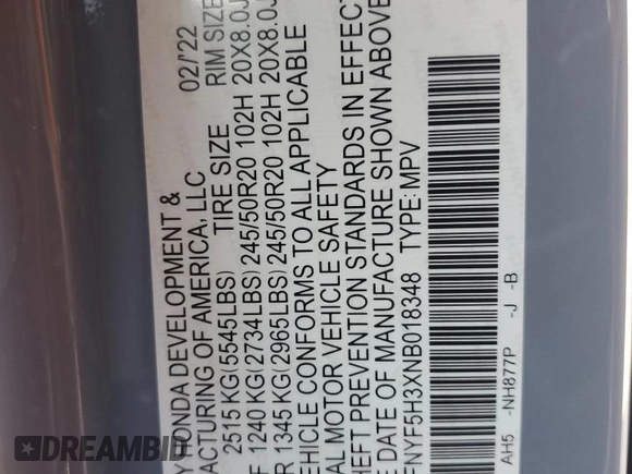 2022 Honda Pilot Sport z VIN 5FNYF5H3XNB018348, wystawiony jako Copart lot #54051645 z przebiegiem 49 712 mil mil oraz Szkoda całkowita • Salvage title. Historia ofert i sprzedaży dostępna na DreamBid. Obrazek 13.