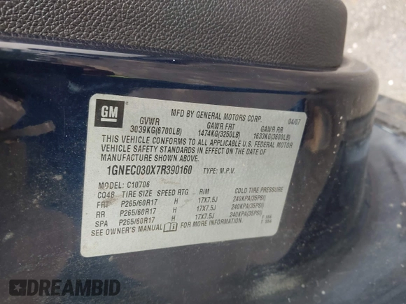 2007 Chevrolet Tahoe Police with VIN 1GNEC030X7R390160, listed as a IAAI auction lot 42241910 with 254,091 mi miles and . Bid and sale history available at DreamBid. Image 9.