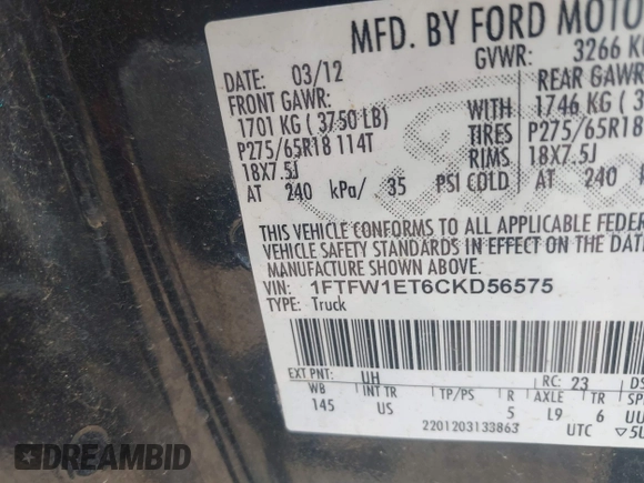 2012 Ford F-150 XL with VIN 1FTFW1ET6CKD56575, listed as a IAAI auction lot 42549250 with 209,257 mi miles and . Bid and sale history available at DreamBid. Image 9.
