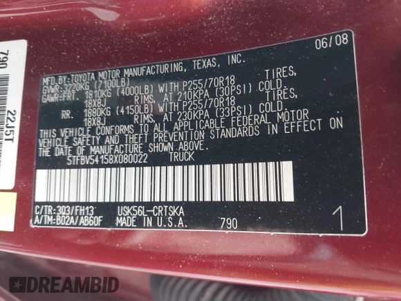 2008 Toyota Tundra z VIN 5TFBV54158X080022, wystawiony jako IAAI lot #38891111 z przebiegiem 183 752 mil mil oraz . Historia ofert i sprzedaży dostępna na DreamBid. Obrazek 9.