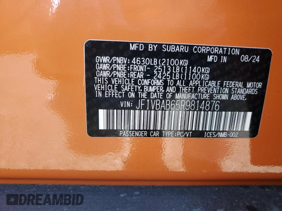 2024 Subaru WRX with VIN JF1VBAB65R9814876, listed as a Copart auction lot 83990934 with 2,505 mi miles and Salvage Title. Bid and sale history available at carsss.com. Image 12.
